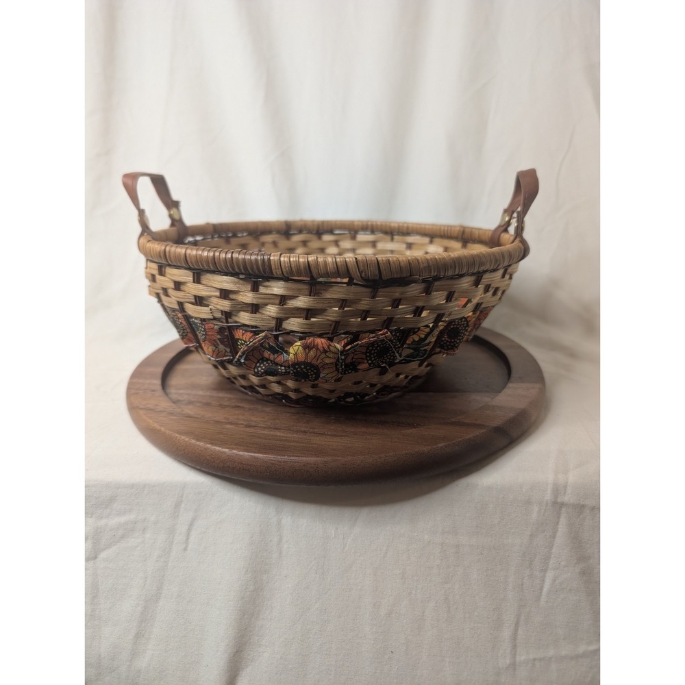 vintage‎ woven basket leather handles, wood Bread Basket Sunflower Design